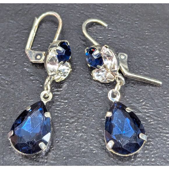 Blue Rhinestone Earrings, Silver-tone, Clear stones, Lever Back - Picture 1 of 3